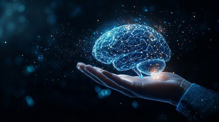 Poster - A robotic hand delicately holding a glowing, digital human brain