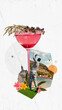 © Lustre Art Group  - Poster. Contemporary art collage. Golfer takes a swing next to vibrant cocktail garnished with botanicals against coast view. Concept of celebration and sport events, competition, party and victory