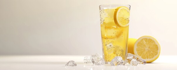 Glass of freshly squeezed lemon juice with ice on white background, 4K hyperrealistic photo