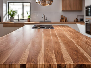 Wall Mural - A kitchen interior, focusing on a wooden table or countertop in the foreground. The table has a natural wood finish with visible grain patterns. The ambiance is warm and inviting.