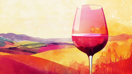 Wall Mural - Watercolor wine glass with vineyard landscape in the background