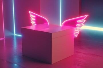 Poster - A futuristic box with glowing neon wings on top, perfect for sci-fi and technology illustrations