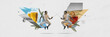 © Lustre Art Group  - Banner. Contemporary art collage. Two men engage in playful fencing duel, with one side featuring frothy beer and other vibrant cocktail. Concept of celebration and sport events, competition. Ad