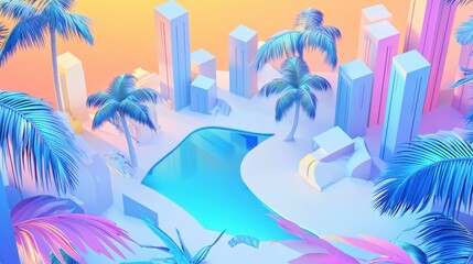 Wall Mural - Vibrant Democratic Society - 3D Isometric View with Tropical Palette and Clean Design