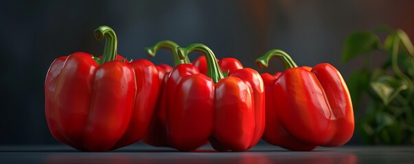 Wall Mural - Bright red bell peppers with stems, 4K hyperrealistic photo