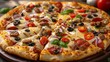 © Рудой Максим - A freshly baked pizza topped with vegetables and meats on a wooden table