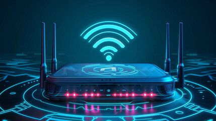 Wall Mural - A modern wireless router with glowing blue and pink lights sits on a circuit board background with a wifi symbol above it.