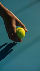 A tennis ball is being held by a person's hand