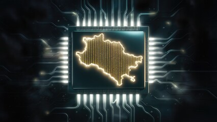 Poster - Microchip with central processing unit showcasing the outline of a country on a black background symbolizing technology and innovation