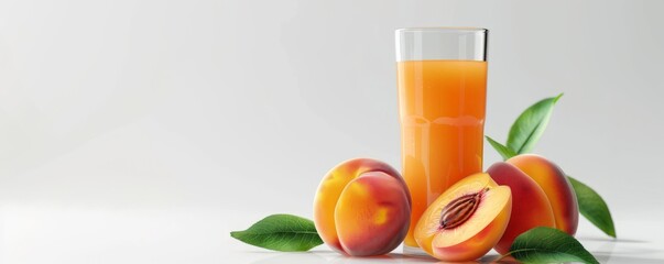 Wall Mural - Glass of freshly squeezed peach juice on white background, 4K hyperrealistic photo