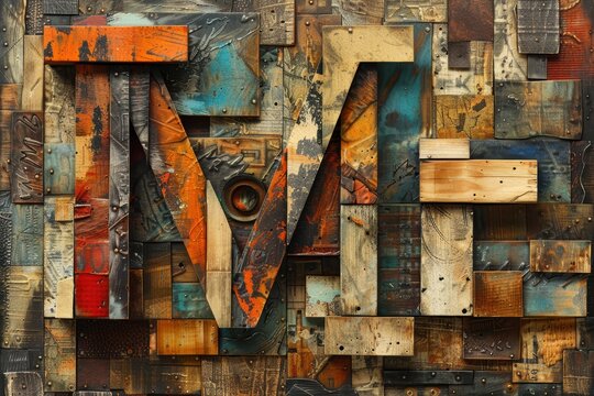 An artistic collage illustration of the letter M composed of various textures and materials creating a tactile and visually interesting piece.