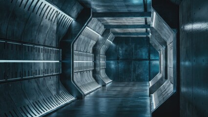 Poster - Futuristic Modern SciFi Concrete Corridor with Grunge Textures and Dark Spaces 3D Rendered Illustration with Blue Glow and Reflection Effects