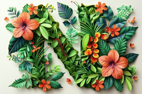 An illustration of the letter N surrounded by nature elements like leaves and flowers creating a harmonious and organic composition.