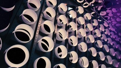 Poster - Abstract blurred image featuring numerous circular holes in a black steel wall The design showcases curved lines and circular white holes with dark outlines creating a decorative ef
