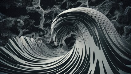 Poster - Abstract Halftone Wave Pattern with Chaotic Monochrome Texture