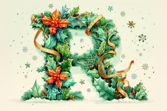 A festive illustration of the letter R with holiday-themed decorations like holly leaves snowflakes and ribbons ideal for Christmas or winter-themed projects.