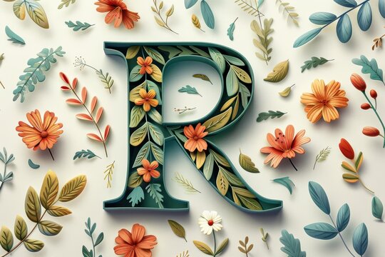 A nature-themed illustration featuring the letter R surrounded by leaves flowers and other botanical elements perfect for eco-friendly or organic product designs.