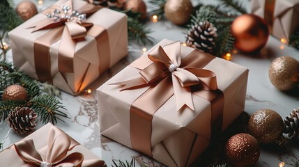 Elegant holiday gift boxes arranged on a marble surface surrounded by festive ornaments and pine cones during Christmas season