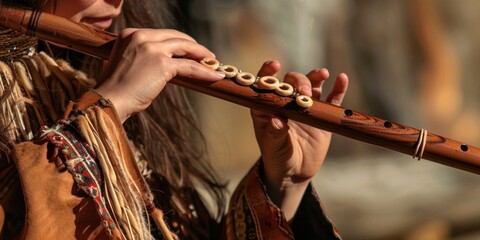 Wall Mural - Woman playing a wooden flute.