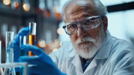 Poster - A man in a lab coat holding a beaker with a yellow liquid in it