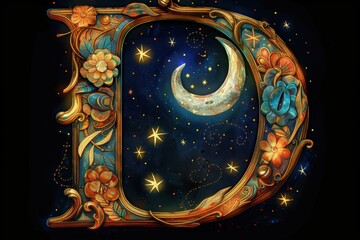 Fototapete - A whimsical and fairy-tale inspired illustration of the letter D featuring magical elements like stars moons and sparkles. Ideal for fantasy-themed designs.