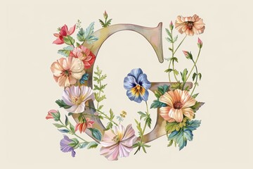 Fototapete - An elegant illustration of the letter G with a floral motif featuring delicate flowers and leaves entwined around the letter suitable for greeting cards and invitations.