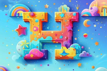 Fototapete - A playful and dynamic illustration of the letter H featuring animated elements and bright hues perfect for children's books and educational resources.