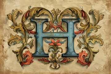 Fototapete - A vintage-inspired illustration of the letter H featuring ornate details and a retro color palette suitable for classic and nostalgic projects.