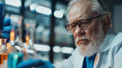 Poster - a man in a lab coat is looking at a beaker of green liquid