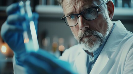 Poster - a man in a lab coat holding a blue test tube