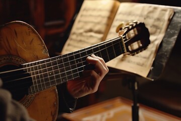 Sticker - Close-up of a musician's hand playing an acoustic guitar.