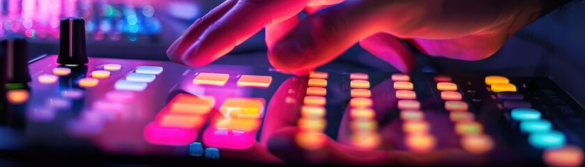 Wall Mural - Close-up of a hand pressing buttons on a music controller.