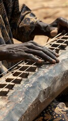 Wall Mural - Close up of a hand playing a traditional African string instrument.