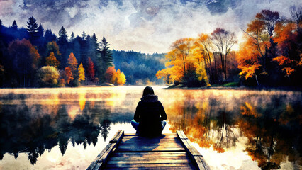Wall Mural - Person Reflecting by a Tranquil Autumn Lake at Dawn