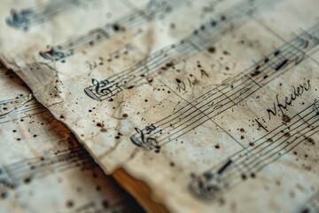 Canvas Print - Close-up of aged sheet music with faded notes and ink blots.