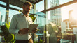 © stock1 - Australian asset manager in their 40s standing in a modern office interior in front of a large window with Sydney skyscrapers in the background