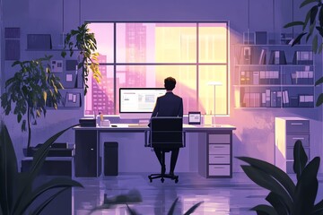 Aufkleber - Businessperson working at desk with city view.