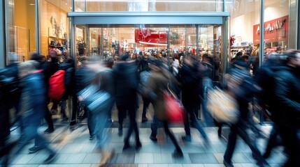 crowds of shoppers rush through the mall entrance, bringing energy and excitement to the bustling at