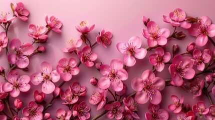 Wall Mural - Beautiful cherry blossom branches with vibrant pink flowers against a soft pastel background in springtime