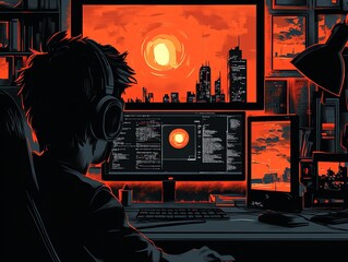 Leinwandbilder - Silhouette of a Programmer Working Late at Night.