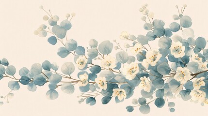 Wall Mural - This image features a delicate watercolor floral arrangement with light blue and white blossoms and leaves, showcasing intricate details and soft color transitions for an elegant design.