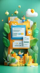 Aufkleber - 3D Illustration of a Colorful Website with People Working.