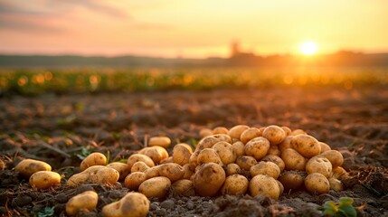 Golden potatoes rest on fertile soil as the sun sets, casting a warm hue over a vibrant countryside landscape filled with fresh harvest