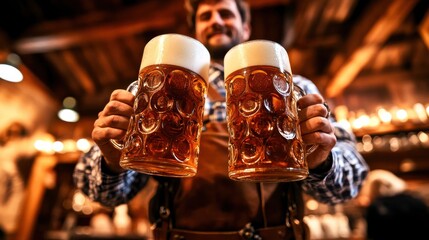 A friendly server joyfully presents two large mugs of frothy beer in a warm, rustic tavern atmosphere filled with laughter and good vibes