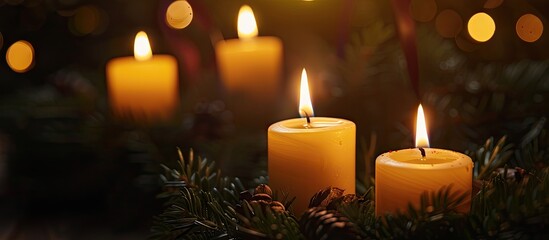 Aufkleber - For the first Advent a lit candle on an Advent wreath set against a wooden background in landscape orientation. with copy space image. Place for adding text or design