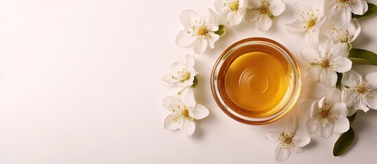 Aufkleber - A bowl of honey with surepka flowers on a white background Surepka has antioxidant benefits and includes ascorbic acid Space for text. with copy space image. Place for adding text or design
