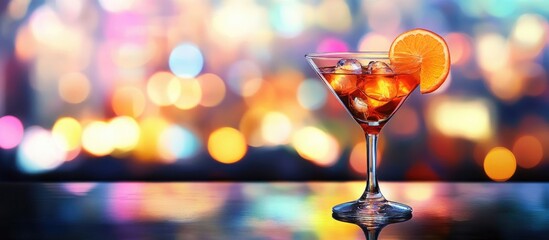 Aufkleber - Alcoholic beverage and cocktail on a bar with a vibrant bokeh background. with copy space image. Place for adding text or design