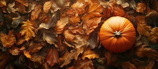 Fototapete - Pumpkin harvest with autumn leaves flat lay scene. with copy space image. Place for adding text or design