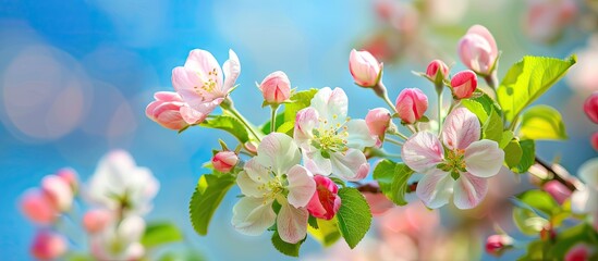 Poster - Branches of a blooming apple tree against a blue sky. with copy space image. Place for adding text or design