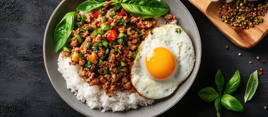 Leinwandbilder - Stir fried basil with steamed rice minced beef and a fried egg Top view with copy space